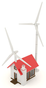 3D wind turbine providing clean energy for a little house in top