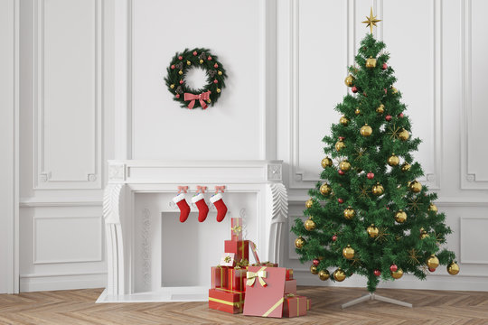 Weihnachtsbaum mit Geschenken neben Kamin zu Weihnachten