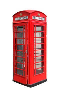Fototapeta Classic British red phone booth in London, isolated on white