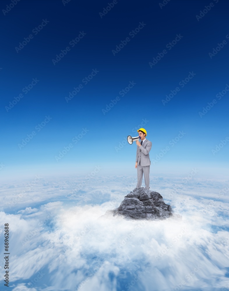 Poster composite image of young architect yelling with a megaphone