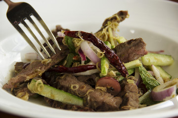 Close up Beef Spicy salad