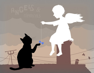 Маленький ангел и черный кот на крыше
