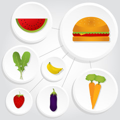 Circular icons of vegetables and hamburger