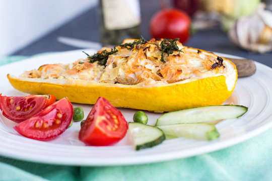 stuffed zucchini with chicken and vegetables, horizontally, yell