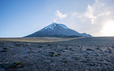 Chimborazo volcano at dawn on a sunny day