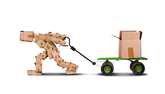 Boxman pulling box on trolley