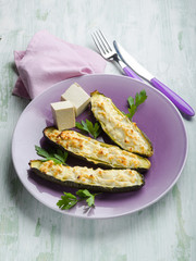 Zucchinis stuffed with tofu cheese, vegetarian food