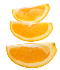 Slice of orange fruits over white background
