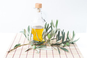 Glass bottle of olive oil.