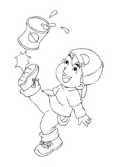 Outline illustration of a boy kicking an empty cans