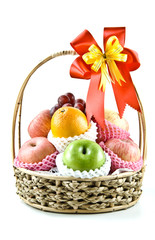 fresh fruits in basket, isolated on white