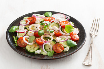 vegetable salad with feta cheese on white wooden table