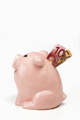 Rosa Sparschwein mit Geld auf weißem Hintergrund