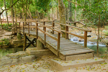 Wooden bridge at waterfall in forest