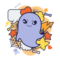 Halloween kawaii print or card with cute doodle ghost.