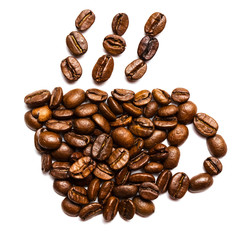 Coffee beans placed in the shape of a cup on white