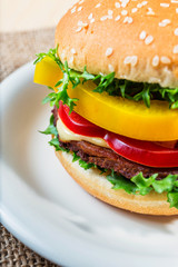 close up of hamburger on white plate
