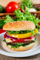homemade hamburger with fresh vegetables, close up