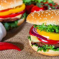 homemade hamburger with fresh vegetables, close up