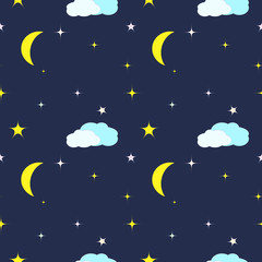 Seamless Pattern with night sky, moon and stars