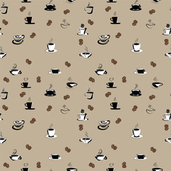 seamless pattern with coffee beans and cups