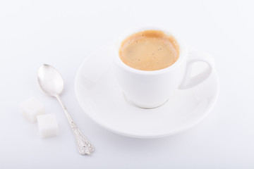 White cup of coffee on white background