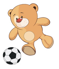 A stuffed toy bear cub a soccer player cartoon