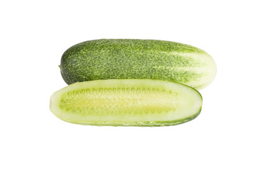 one whole cucumber and half isolated on white background