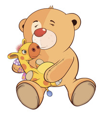 A stuffed toy bear cub and a toy giraffe cartoon