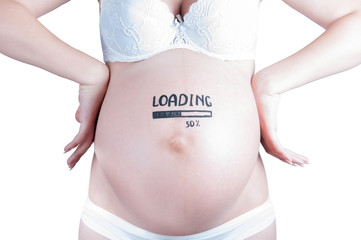 Pregnant belly with "loading 50 percent" sign isolated