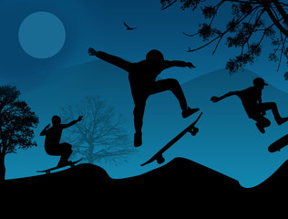 Skater silhouettes on blue