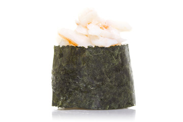 Sushi gunkan with shrimp isolated on white background