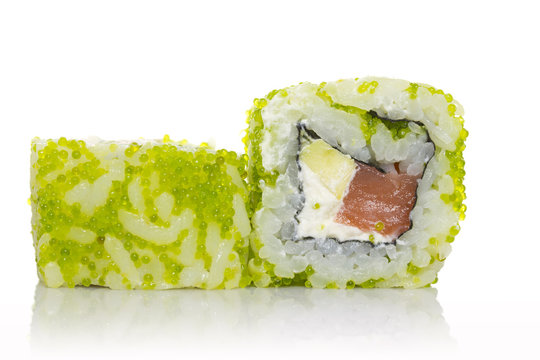 Sushi roll with green tobico isolated on white background
