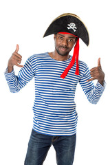 African american man in costume pirate on white background