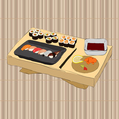 Vector illustration of various pieces of Sushi with chopsticks