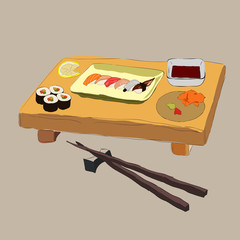 Vector illustration of various pieces of Sushi with chopsticks