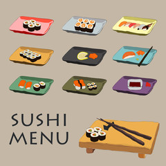 Illustration of icons various pieces of Sushi with chopsticks