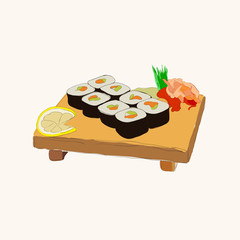 Vector illustration of various pieces of Sushi with chopsticks