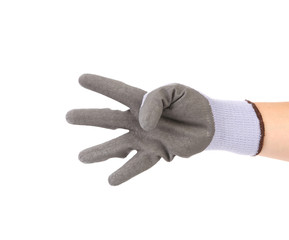 Hand in glove showing four.