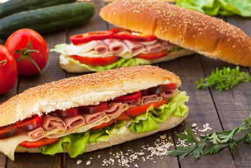 Homemade sandwiches with ham and cheese