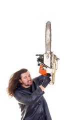 man with chainsaw in rage