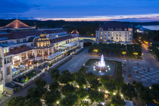 Aerial, Night View Of Sopot Molo Square In Poland