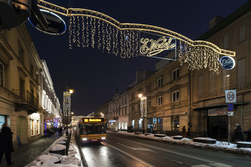 Krakowskie Przedmiescie street with Christmas decoration lights - obrazy, fototapety, plakaty