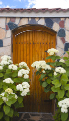 Stylish wooden door on stone wall