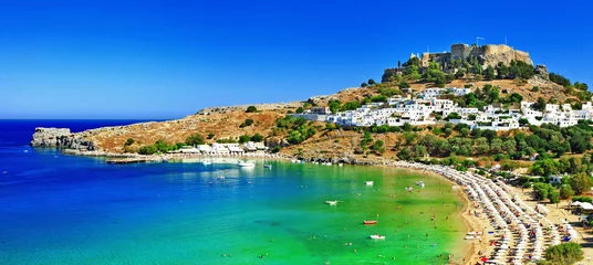 Poster scenic Rhodes island, Lindos bay. Greece © Freesurf