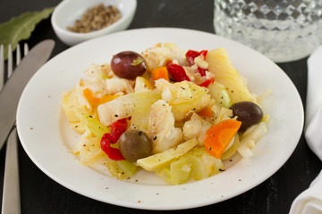 fish salad in white plate