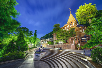 Naklejka premium Kobe, Japan Foreigners Homes in Kitano District at Night