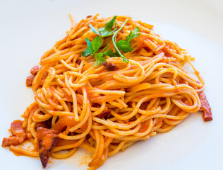 Italian meat sauce pasta on the table