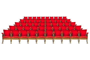 Five rows of vintage cinema chairs isolated on white