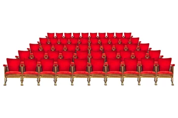 Photo sur Plexiglas Théâtre Five rows of vintage cinema chairs isolated on white